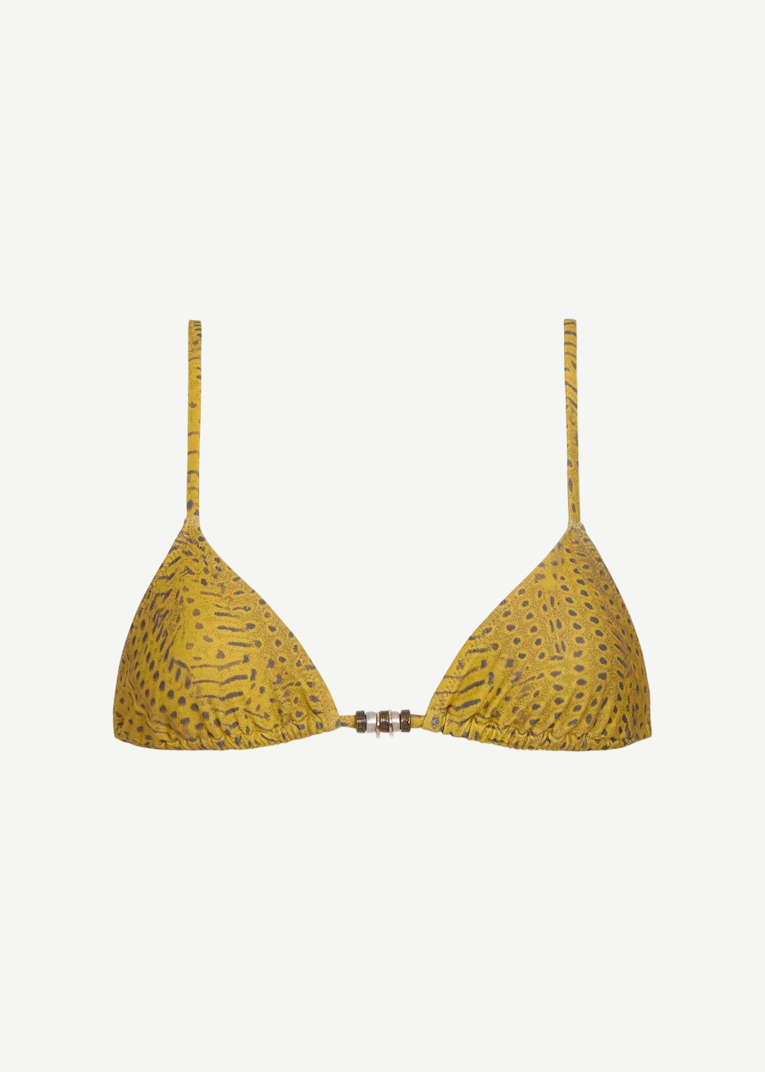 Equator Top: A yellow triangle bikini top adorned with a subtle black dotted pattern and thin straps, featuring a small front center clasp accented by two metallic beads. This stylish piece is an essential addition to any eco-friendly swimwear collection.
