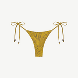 The Praia Bottom is a yellow bikini bottom with a subtle dotted pattern and adjustable side ties, each embellished with small decorative beads. Designed as eco-friendly swimwear, this piece is shown against a plain white background.