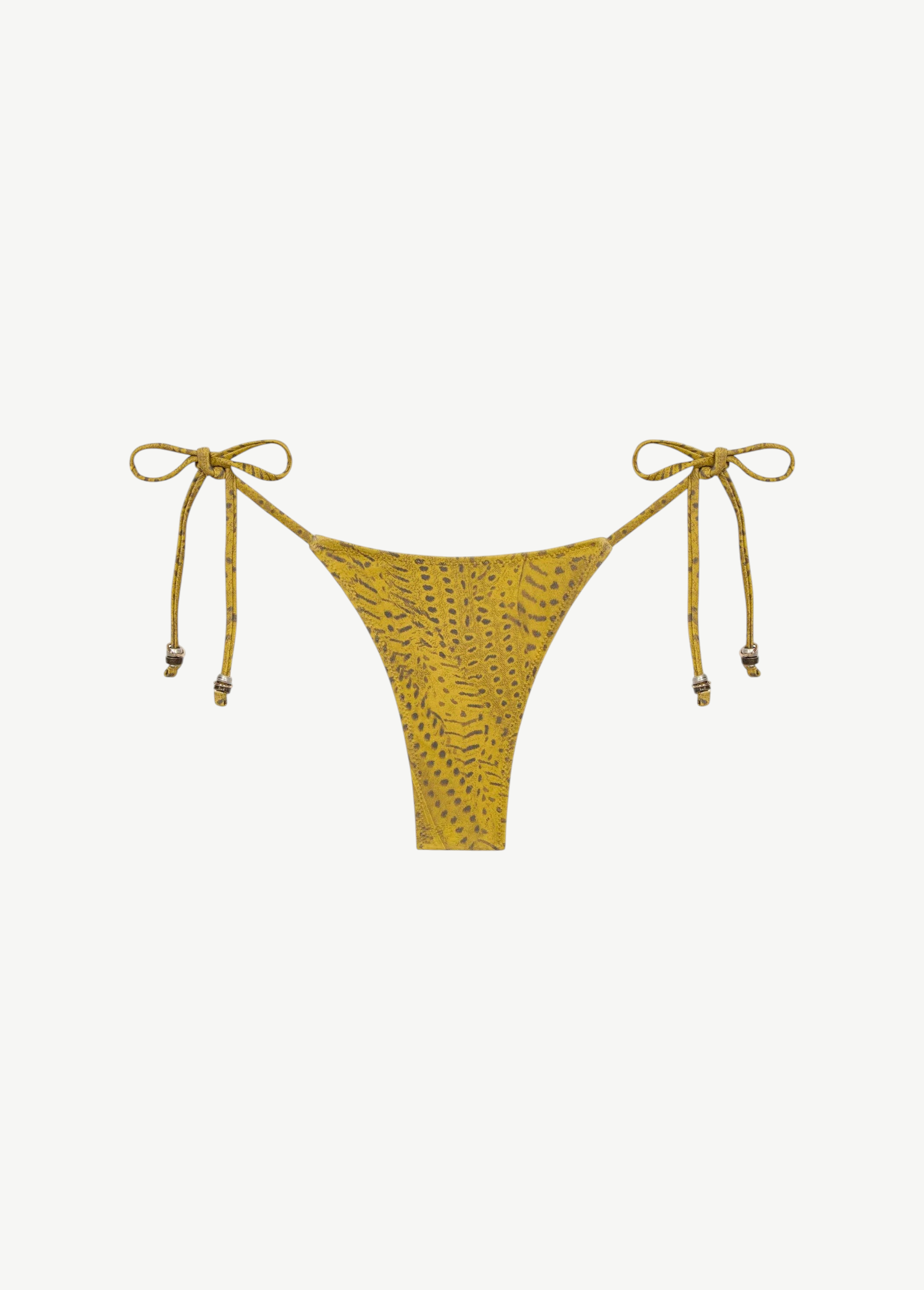 The Praia Bottom is a yellow bikini bottom with a subtle dotted pattern and adjustable side ties, each embellished with small decorative beads. Designed as eco-friendly swimwear, this piece is shown against a plain white background.