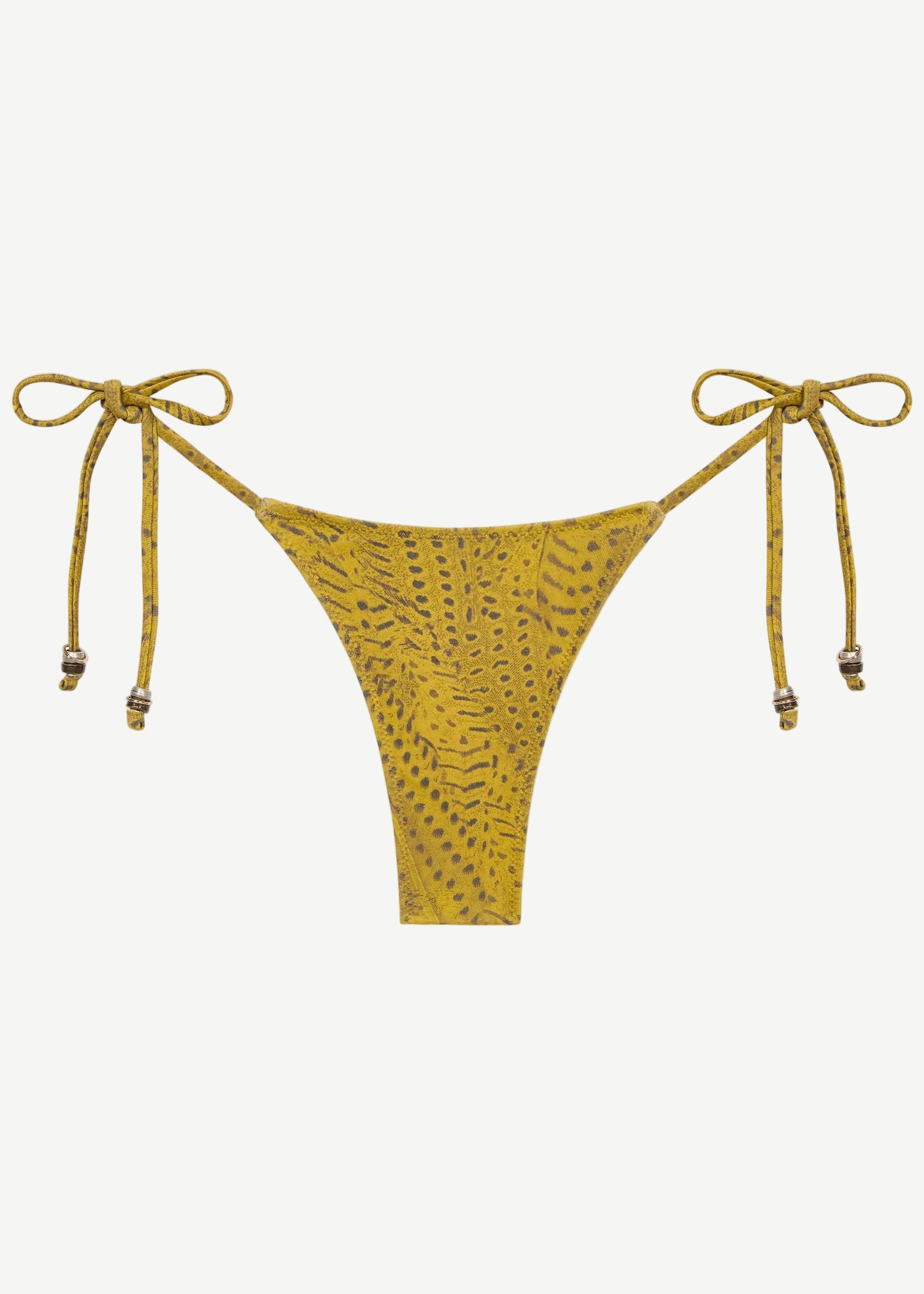 The Praia Bottom is a yellow bikini bottom with a subtle dotted pattern and adjustable side ties, each embellished with small decorative beads. Designed as eco-friendly swimwear, this piece is shown against a plain white background.