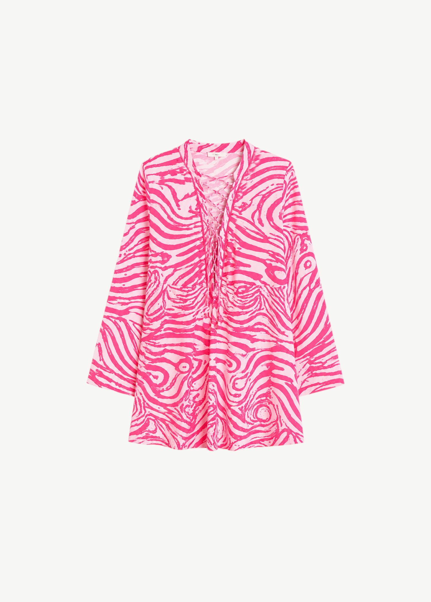 KABE SHOP INC Poccaa classic short kaftan in bright pink and white zebra print with a lace-up front neckline.