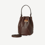 KABE SHOP INC Nirmala bucket bag in dark brown leather with a unique crystal drawstring closure and braided trim