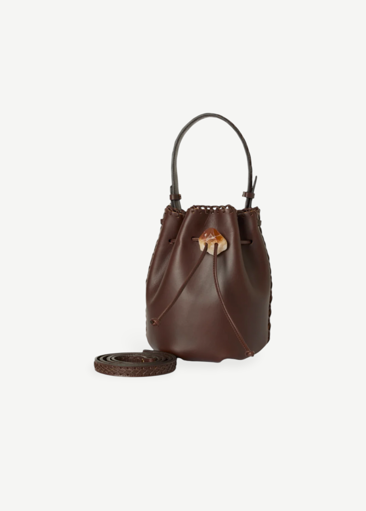 KABE SHOP INC Nirmala bucket bag in dark brown leather with a unique crystal drawstring closure and braided trim