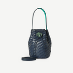 KABE SHOP INC Nirmala Intreccio bucket bag in woven navy leather with a green stone clasp and teal interior lining