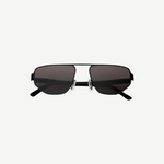 Introducing the Victoire rectangular black sunglasses with dark lenses and slim metal frames, accented by subtle gold branding at the temple. Displayed facing forward on a white background, these sunglasses deliver stylish UV400 protection for dependable eye care.