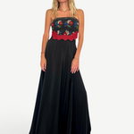 KABE SHOP INC backless cut-out dress with black silk skirt and floral hand-knitted bodice detail on a model