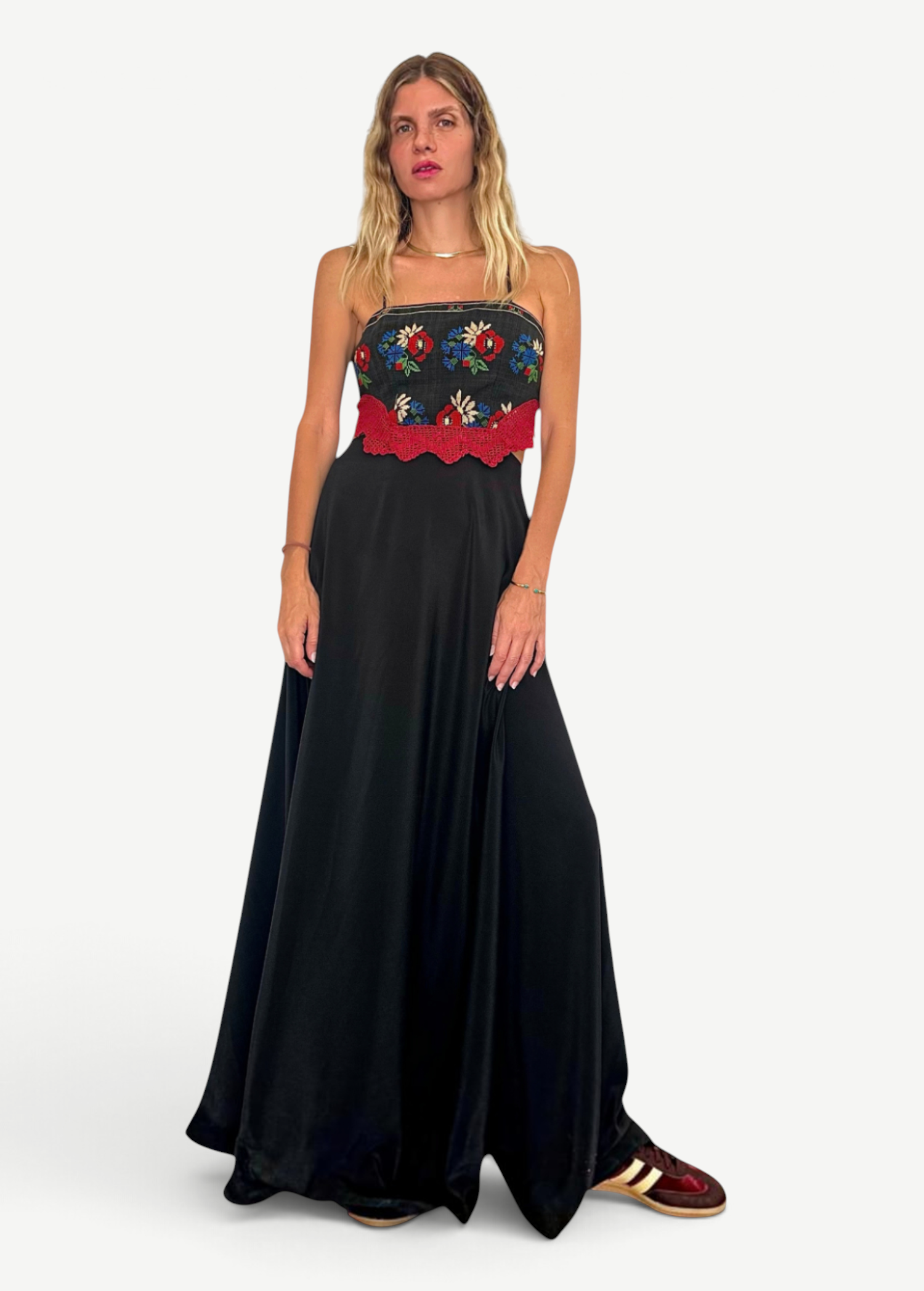 KABE SHOP INC backless cut-out dress with black silk skirt and floral hand-knitted bodice detail on a model