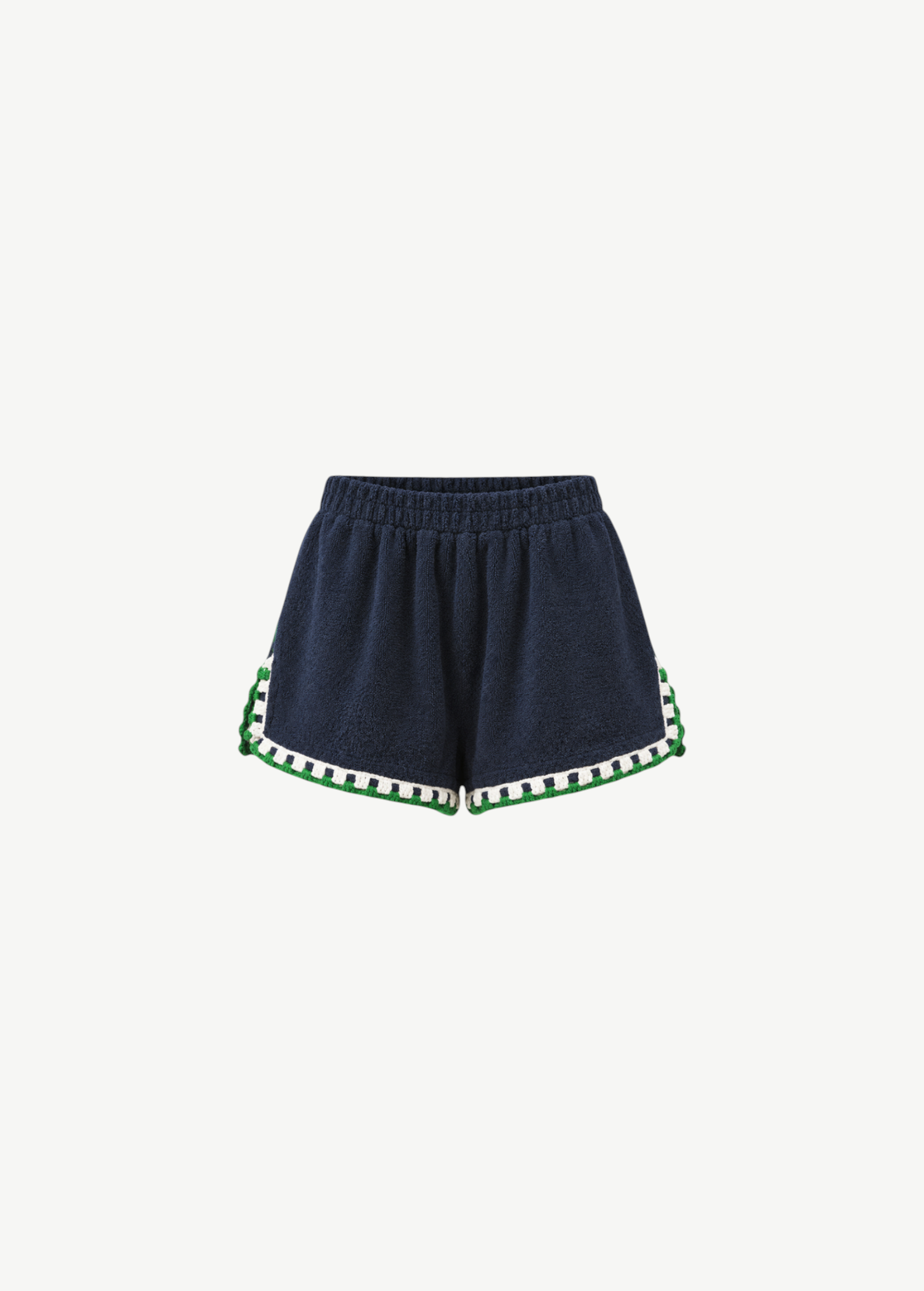 Navy blue Estate Short organic cotton towelling shorts in a relaxed silhouette, finished with a white and green crocheted scallop trim along the leg openings.