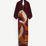 KABE SHOP INC purple crepe de chine tunic with horse print, St. Tropez neckline, and hand-embroidered details.