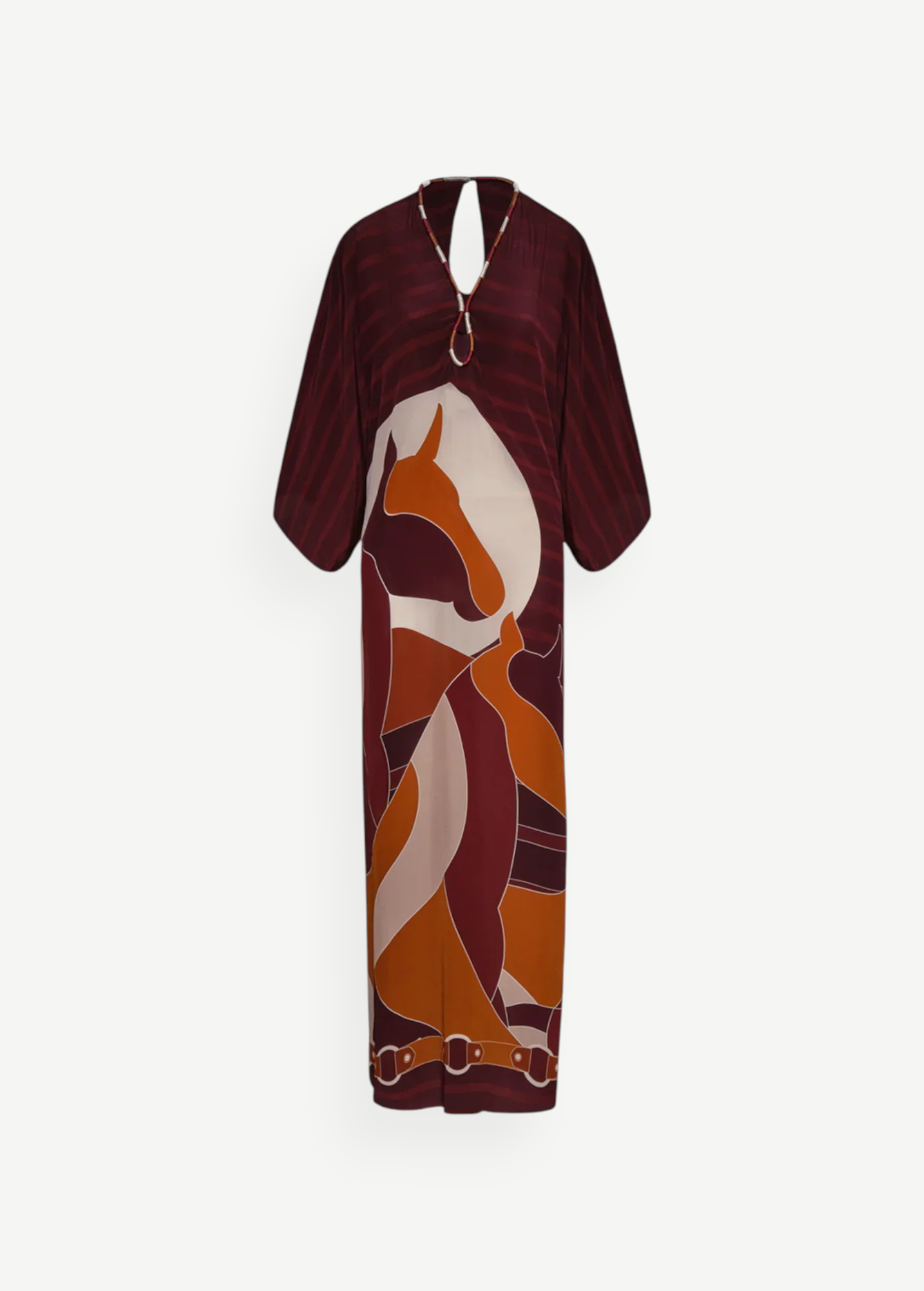 KABE SHOP INC purple crepe de chine tunic with horse print, St. Tropez neckline, and hand-embroidered details.