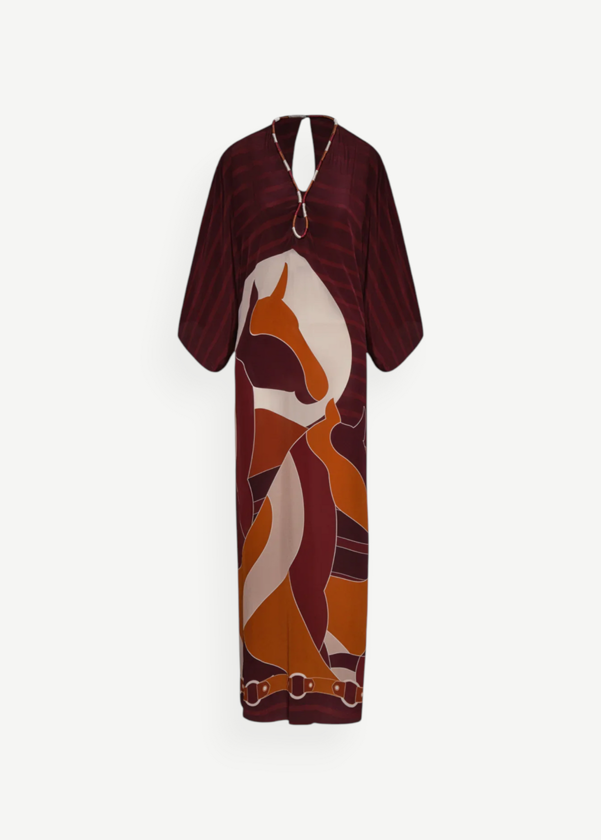 KABE SHOP INC purple crepe de chine tunic with horse print, St. Tropez neckline, and hand-embroidered details.