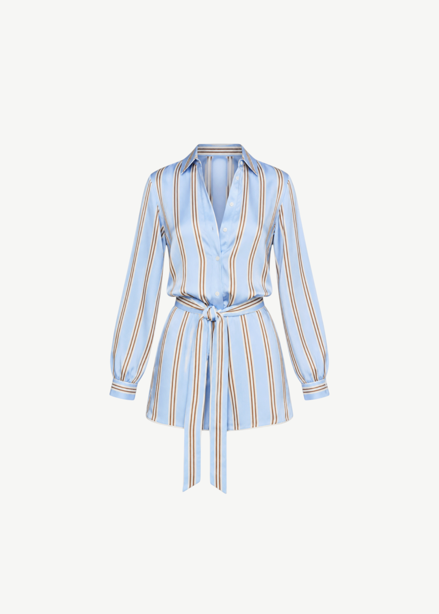 KABE SHOP INC Formentera romper in light blue with vertical brown stripes, collared neckline, and self-tie waist.