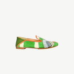 KABE SHOP INC Anzu Moccasin featuring green and white tie-dye suede with intricate embroidered and striped detailing.