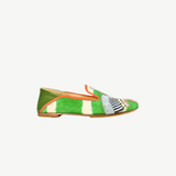 KABE SHOP INC Anzu Moccasin featuring green and white tie-dye suede with intricate embroidered and striped detailing.