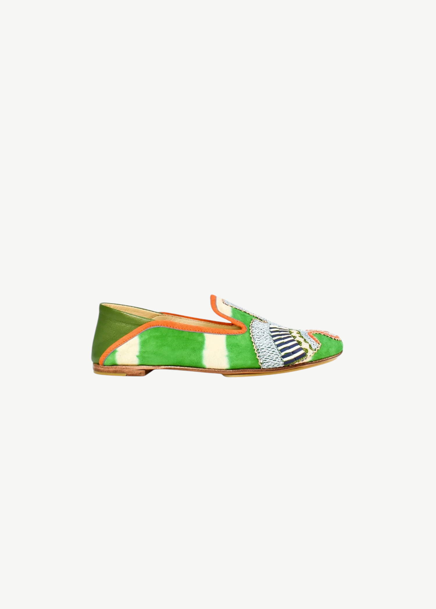 KABE SHOP INC Anzu Moccasin featuring green and white tie-dye suede with intricate embroidered and striped detailing.