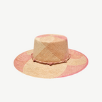 KABE SHOP INC Awisqa hat featuring a woven straw design with geometric pink and beige patterns and a braided trim.