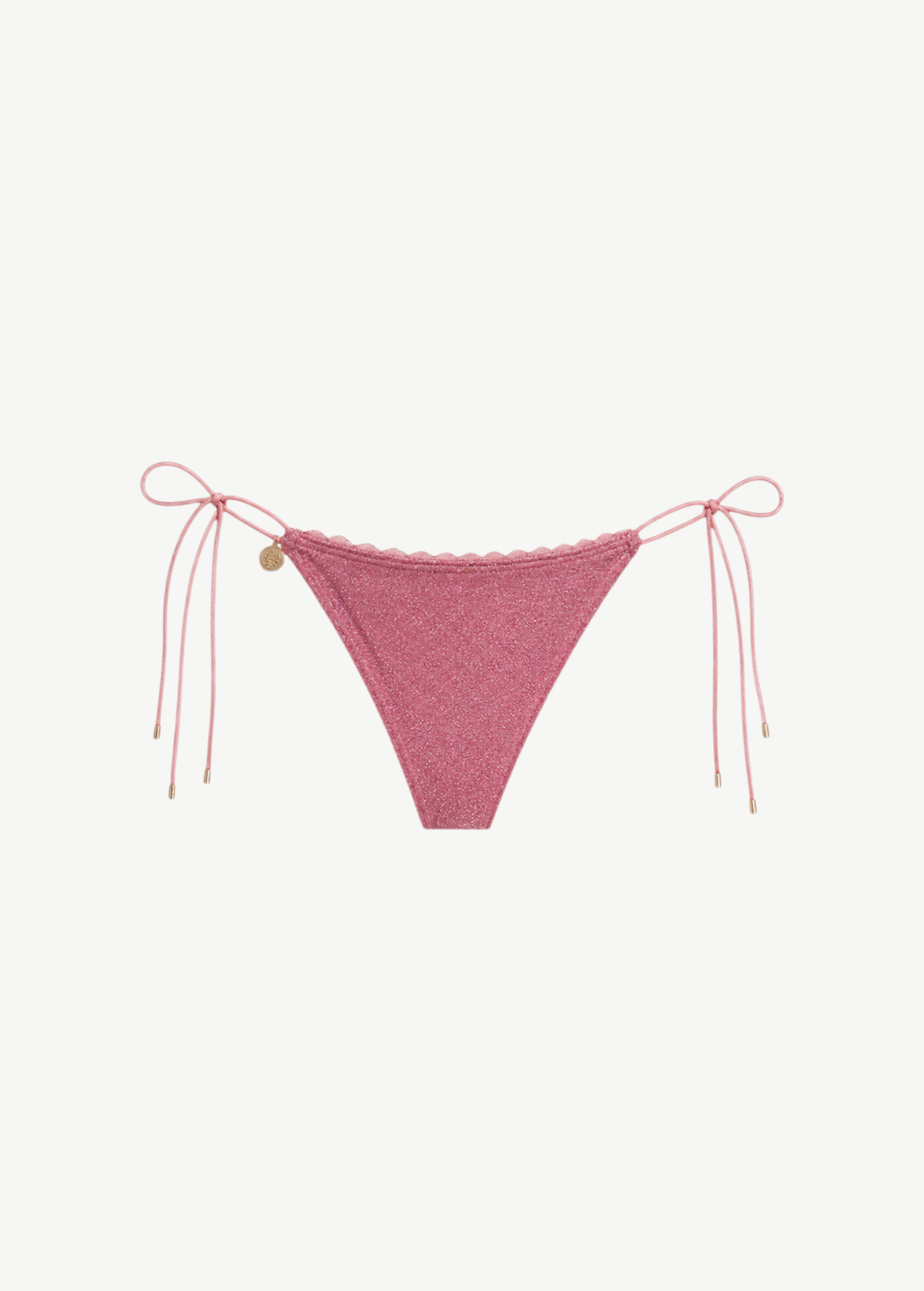 KABE SHOP INC Bas Paris metallic pink bikini bottom with lace trim, side ties, and gold-tone lion-head medallion.