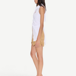 KABE SHOP INC Beep Beep mini skirt in beige lurex crochet with circular medallion motifs, side view on a model.