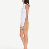 KABE SHOP INC Beep Beep mini skirt in beige lurex crochet with circular medallion motifs, side view on a model.