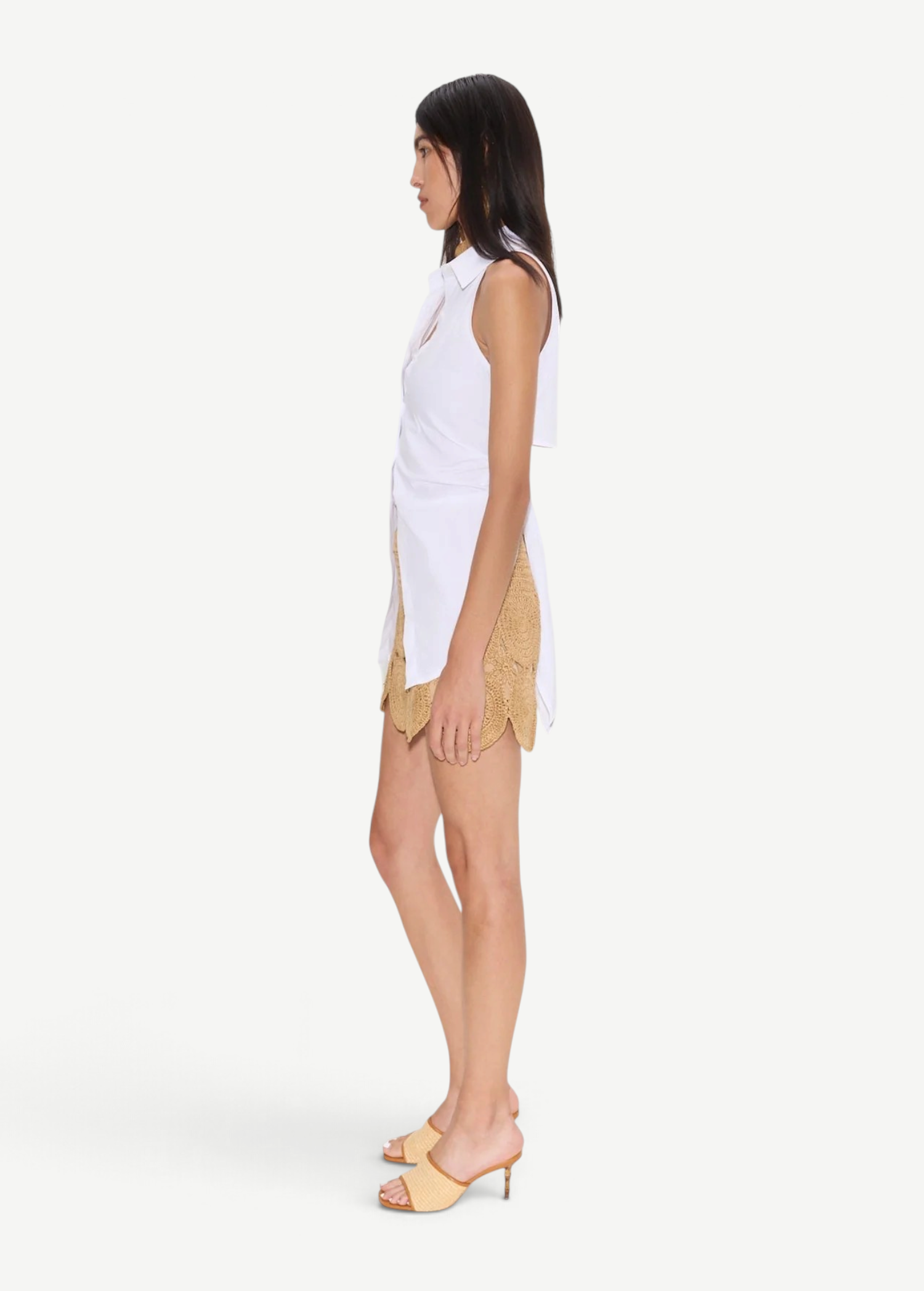 KABE SHOP INC Beep Beep mini skirt in beige lurex crochet with circular medallion motifs, side view on a model.