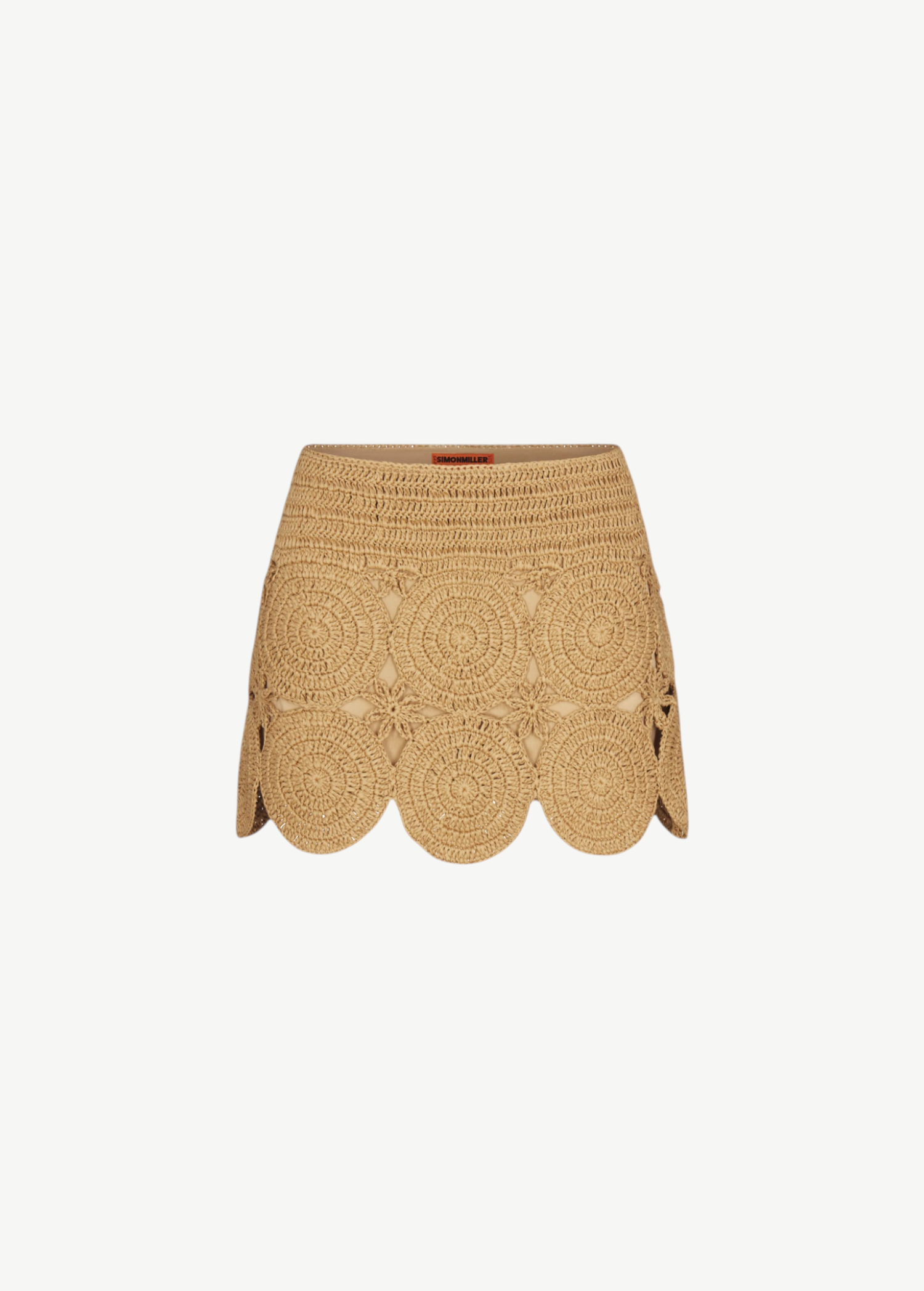 KABE SHOP INC Beep Beep mini skirt in beige lurex crochet with circular medallion motifs and a scalloped hem.