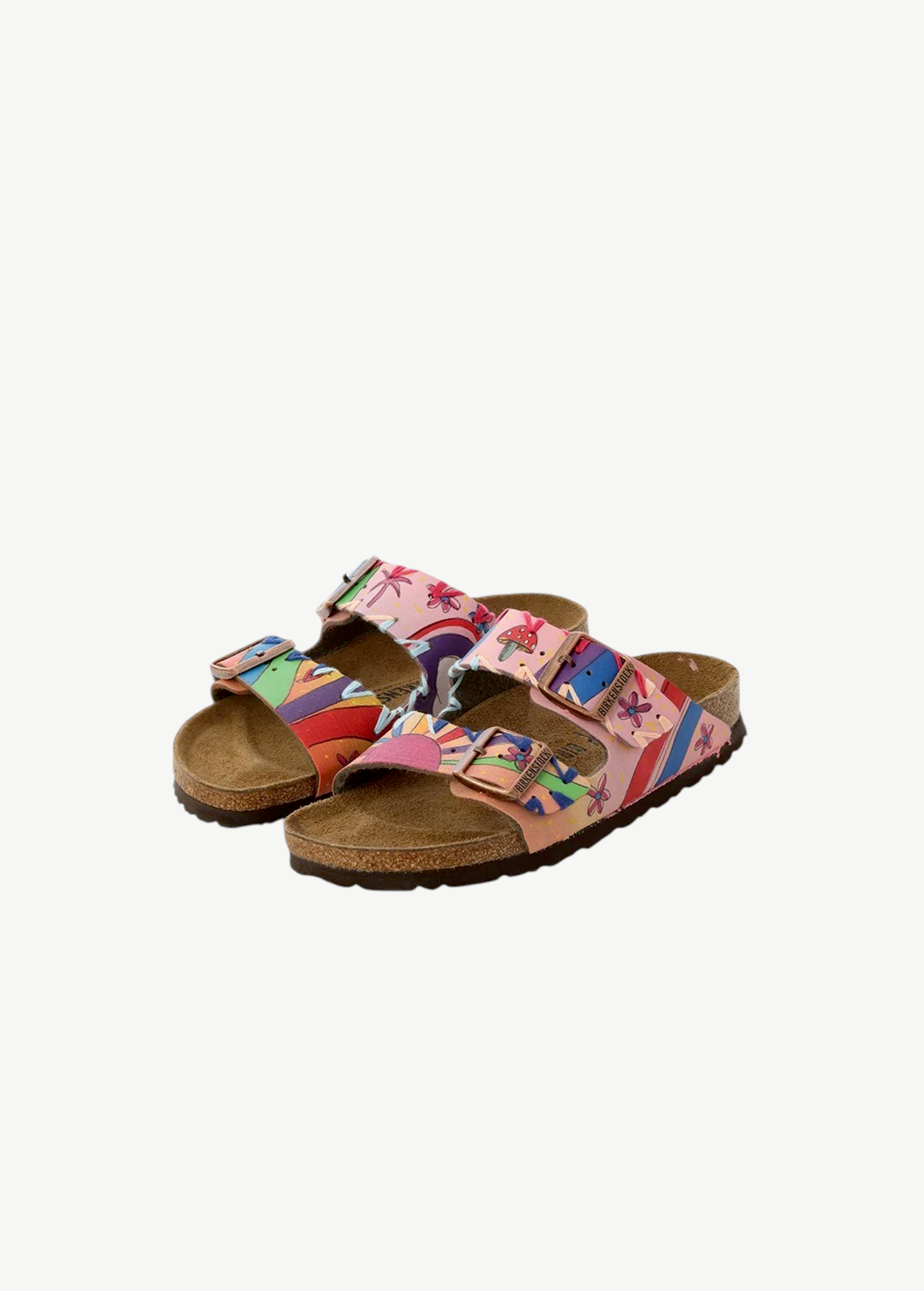KABE SHOP INC Birkenstocks sandals with hand-painted pink rainbow and floral patterns and adjustable buckle straps