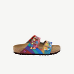KABE SHOP INC Birkenstocks sandals with hand-painted rainbow stripes and floral embroidery on a cork footbed