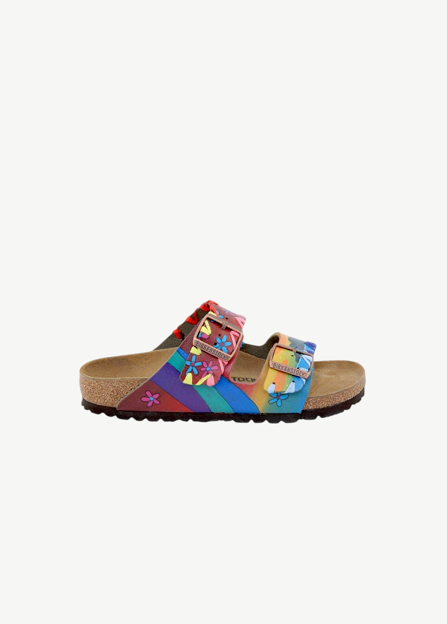 KABE SHOP INC Birkenstocks sandals with hand-painted rainbow stripes and floral embroidery on a cork footbed