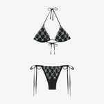 KABE SHOP INC black microfiber Brazilian bikini set with green gem embroidery and adjustable tie-side details.