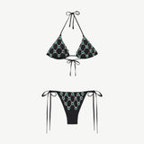 KABE SHOP INC black microfiber Brazilian bikini set with green gem embroidery and adjustable tie-side details.