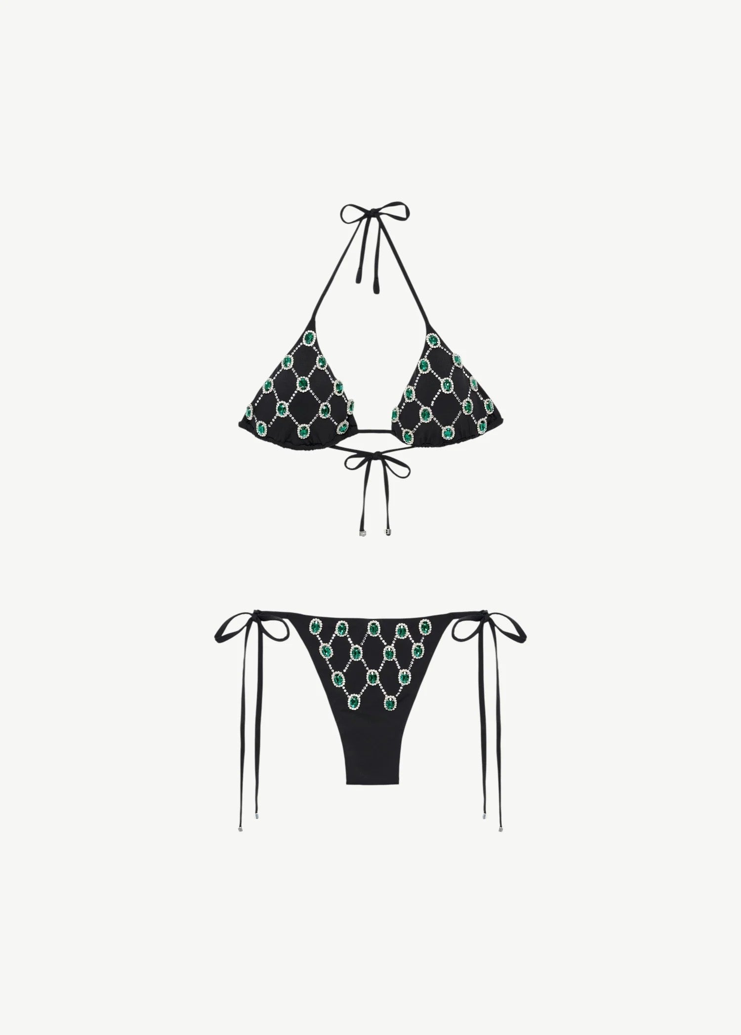KABE SHOP INC black microfiber Brazilian bikini set with green gem embroidery and adjustable tie-side details.
