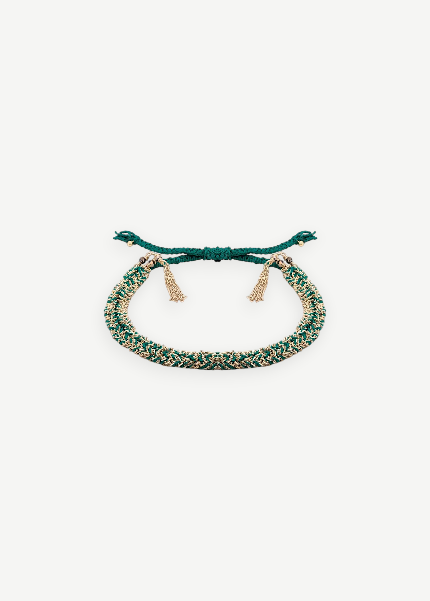 KABE SHOP INC N° 183 braided bracelet in emerald green cord and gold chain with delicate tassel accents