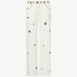 KABE SHOP INC Brity white trousers featuring vibrant floral bead and sequin embellishments on a straight-leg silhouette