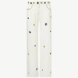 KABE SHOP INC Brity white trousers featuring vibrant floral bead and sequin embellishments on a straight-leg silhouette