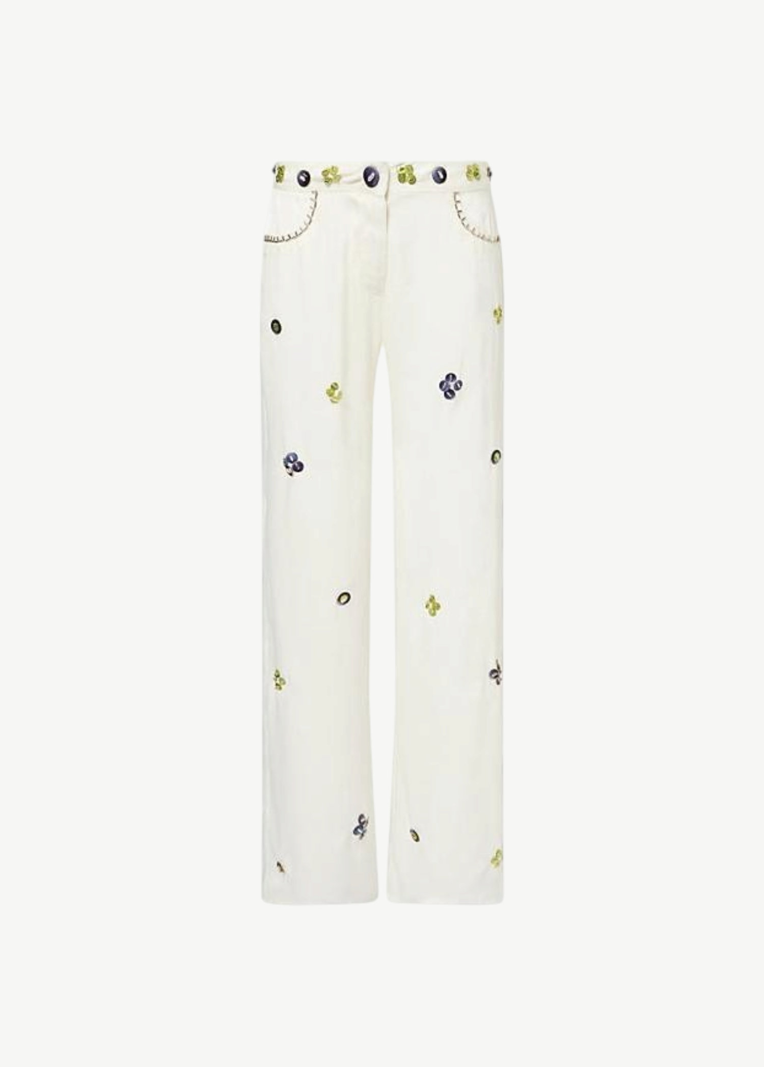 KABE SHOP INC Brity white trousers featuring vibrant floral bead and sequin embellishments on a straight-leg silhouette