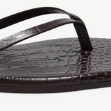 KABE SHOP INC Square Toe Lily flip flops in dark brown crocodile-embossed Brazilian leather with a square toe.