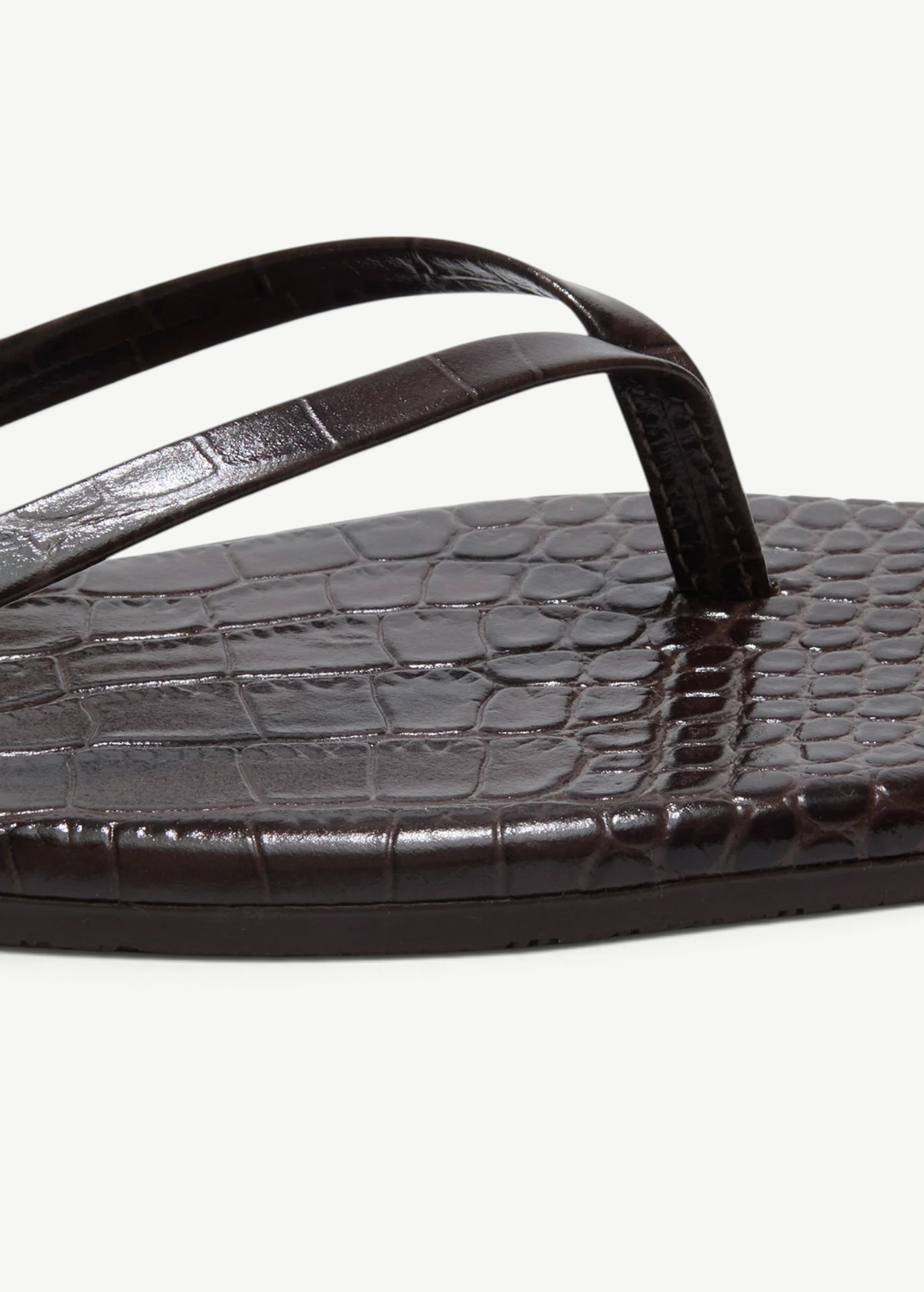 KABE SHOP INC Square Toe Lily flip flops in dark brown crocodile-embossed Brazilian leather with a square toe.