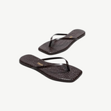 KABE SHOP INC Square Toe Lily flip flops in dark brown crocodile-embossed leather with a cushioned insole.