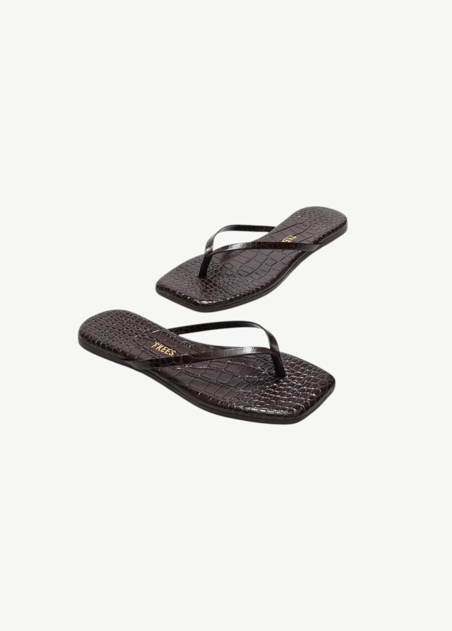 KABE SHOP INC Square Toe Lily flip flops in dark brown crocodile-embossed leather with a cushioned insole.