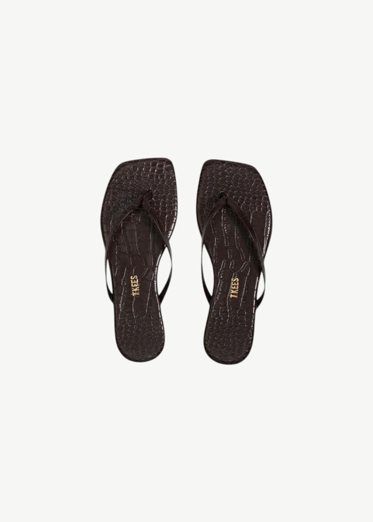 KABE SHOP INC Square Toe Lily flip flops in dark brown crocodile-embossed leather with a square-toe silhouette.