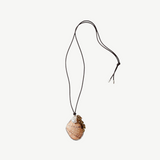 KABE SHOP INC Butterfly Shell Necklace with whiskey quartz, baroque pearl, and adjustable brown leather cord.