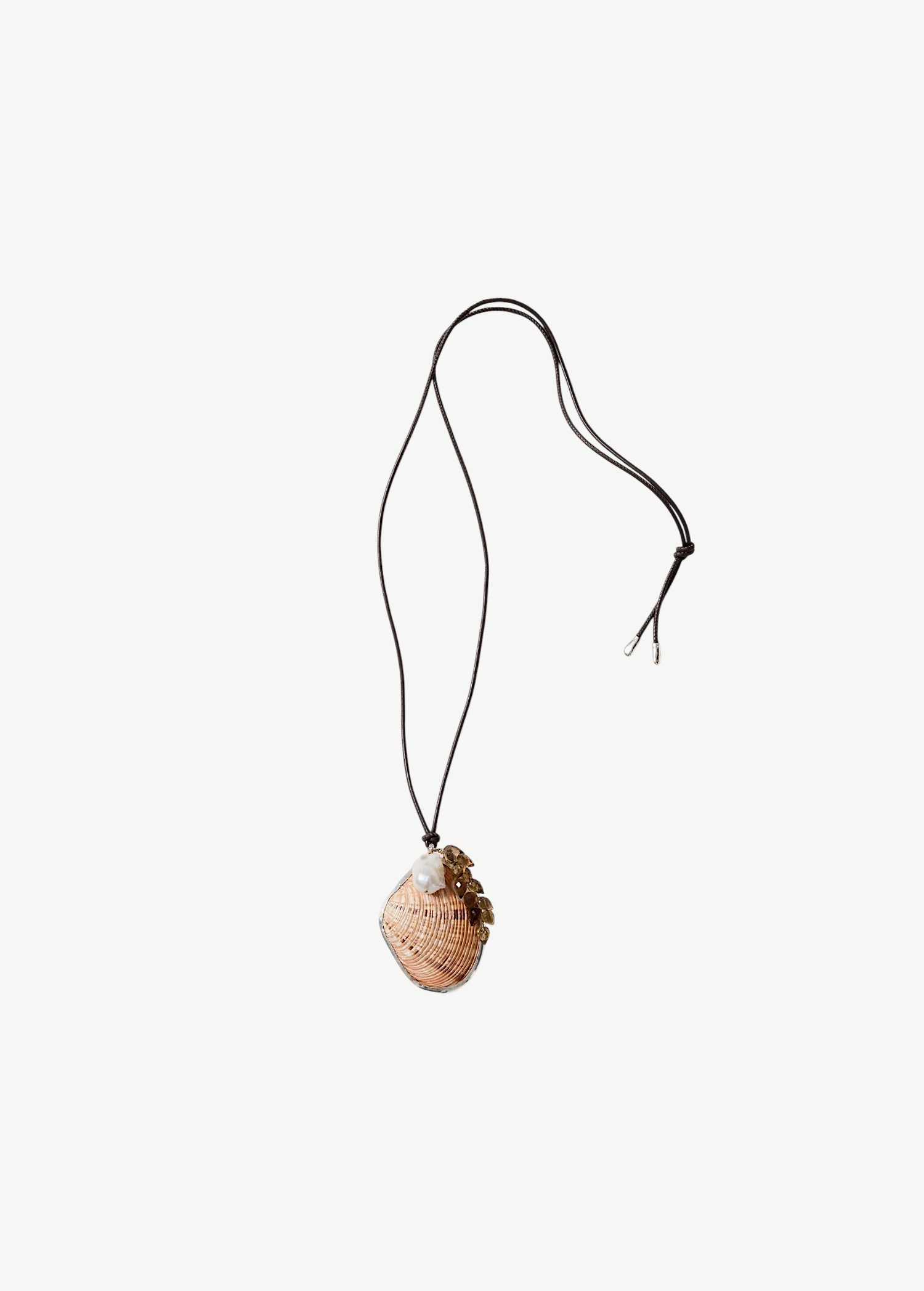 KABE SHOP INC Butterfly Shell Necklace with whiskey quartz, baroque pearl, and adjustable brown leather cord.
