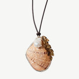 KABE SHOP INC Butterfly Shell Necklace with whiskey quartz, baroque pearl, and adjustable brown leather cord.