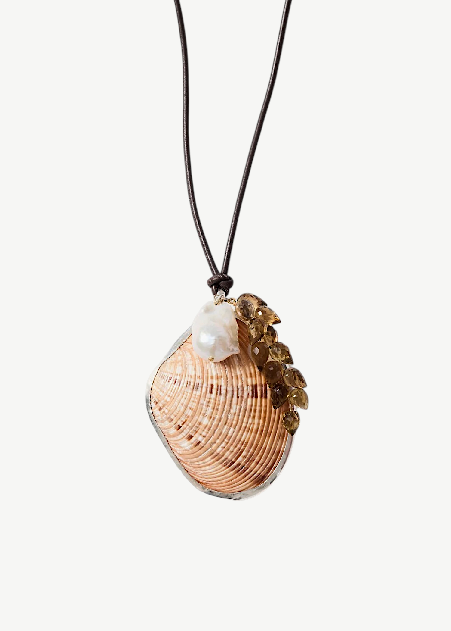 KABE SHOP INC Butterfly Shell Necklace with whiskey quartz, baroque pearl, and adjustable brown leather cord.