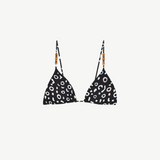 KABE SHOP INC Calypso triangle bikini top in black and white abstract print with wooden bead strap detailing