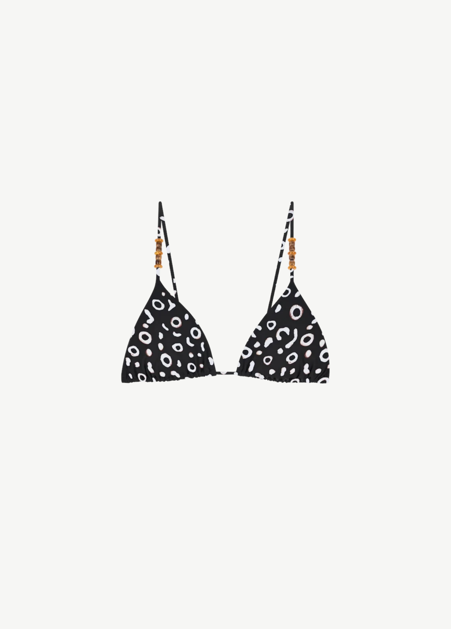 KABE SHOP INC Calypso triangle bikini top in black and white abstract print with wooden bead strap detailing