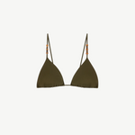 KABE SHOP INC Calypso bikini top in olive green with a minimal triangle silhouette and decorative wooden beads