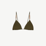 KABE SHOP INC Calypso bikini top in olive green with a minimal triangle silhouette and decorative wooden beads