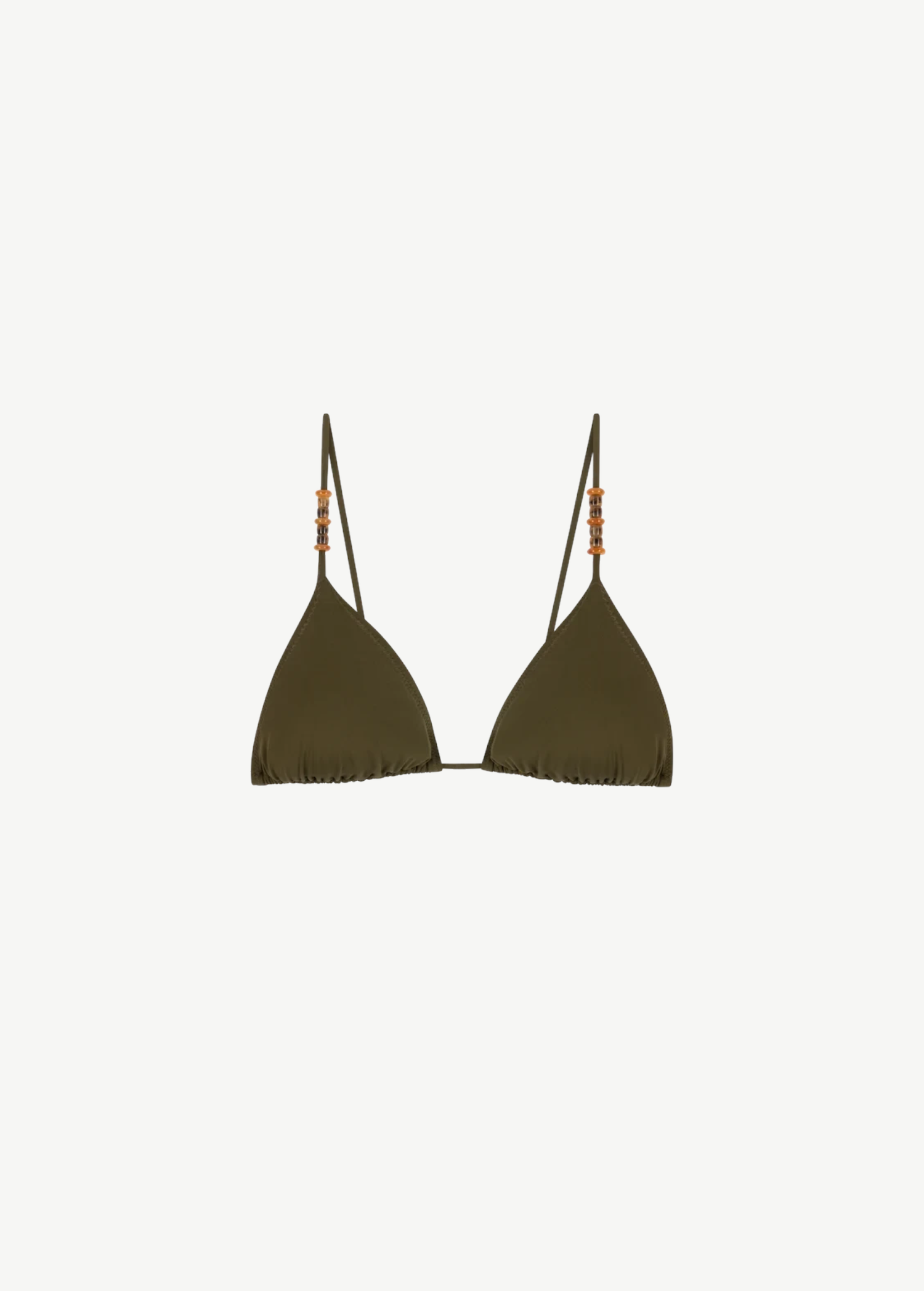 KABE SHOP INC Calypso bikini top in olive green with a minimal triangle silhouette and decorative wooden beads