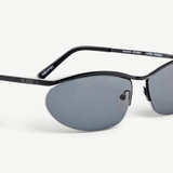 KABE SHOP INC Charlotte sunglasses featuring a sleek black metal oval frame and dark blue lenses with logo detailing.